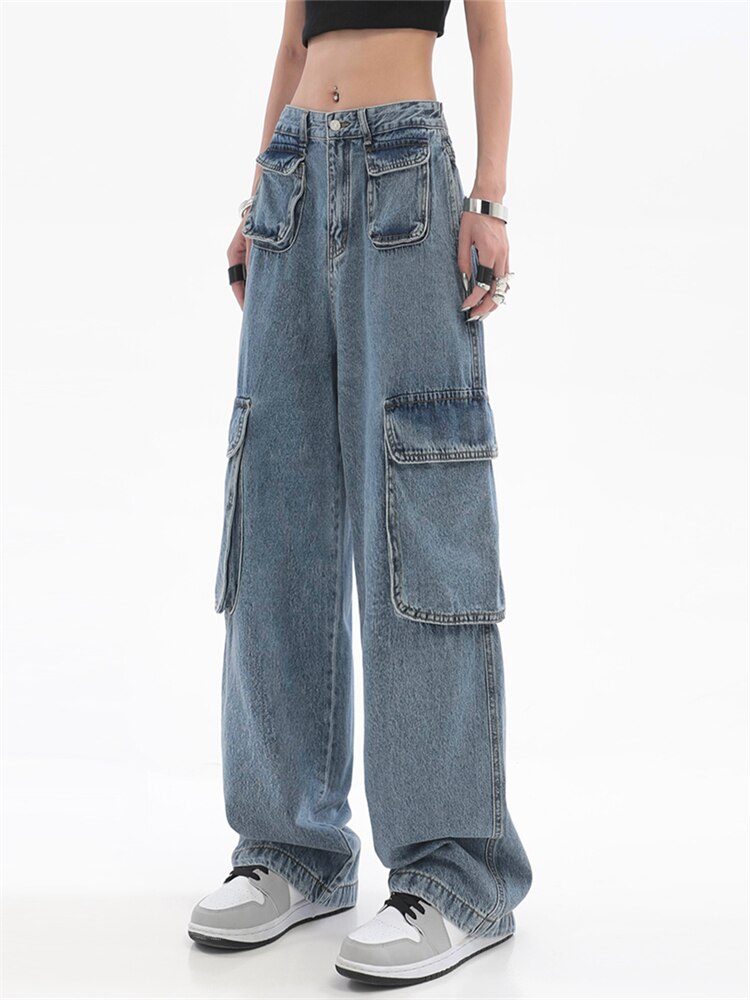 Y2k Vintage Jeans High Waisted Pockets Trousers Baggy Casual Fashion Denim Cargo Pants Women Straight Hot Korean Jeans 90s Pants